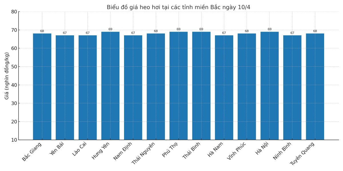 Biểu đồ giá heo hơi tại các tỉnh miền Bắc ngày 10/4.