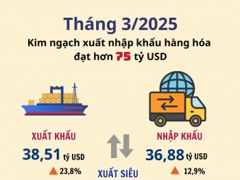 Tháng 3/2025: Xuất nhập khẩu hàng hóa đạt hơn 75 tỷ USD