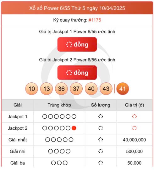 Vietlott 10/4, Vietlott Power 6/55 10/4, kết quả xổ số Vietlott Power 6/55 ngày 10/4/2025