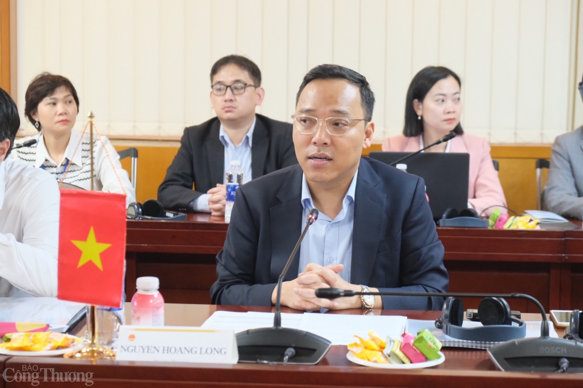 Thứ trưởng Bộ Công Thương Nguyễn Hoàng Long phát biểu tại cuộc họp. 