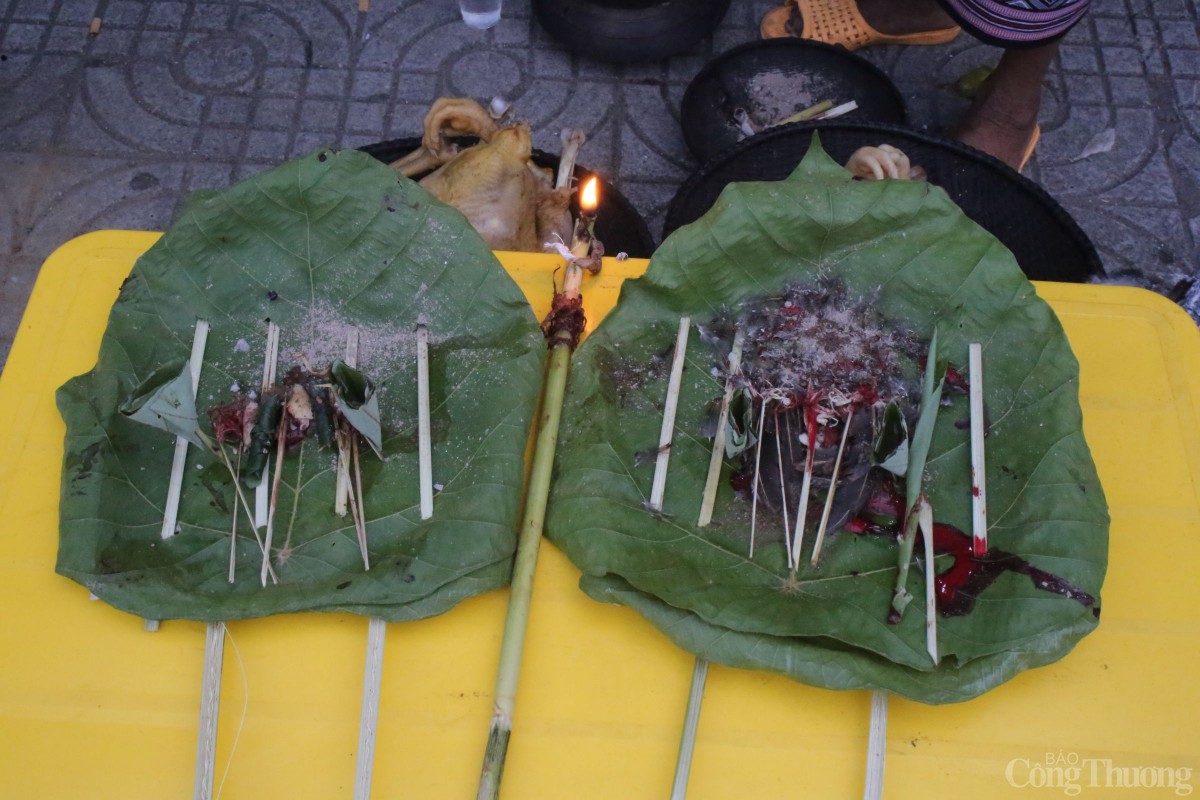 Lễ vật để cúng Thần Linh gồm 2 con gà, gan gà, một ít lông, tiết gà, rượu,...