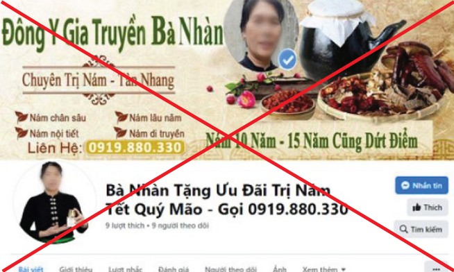 Trang facebook “Bà Nhàn Tặng Ưu Đãi Trị Nám Tết Quý Mão - Gọi 0919880330” do các đối tượng lập ra để tiếp cận “con mồi”