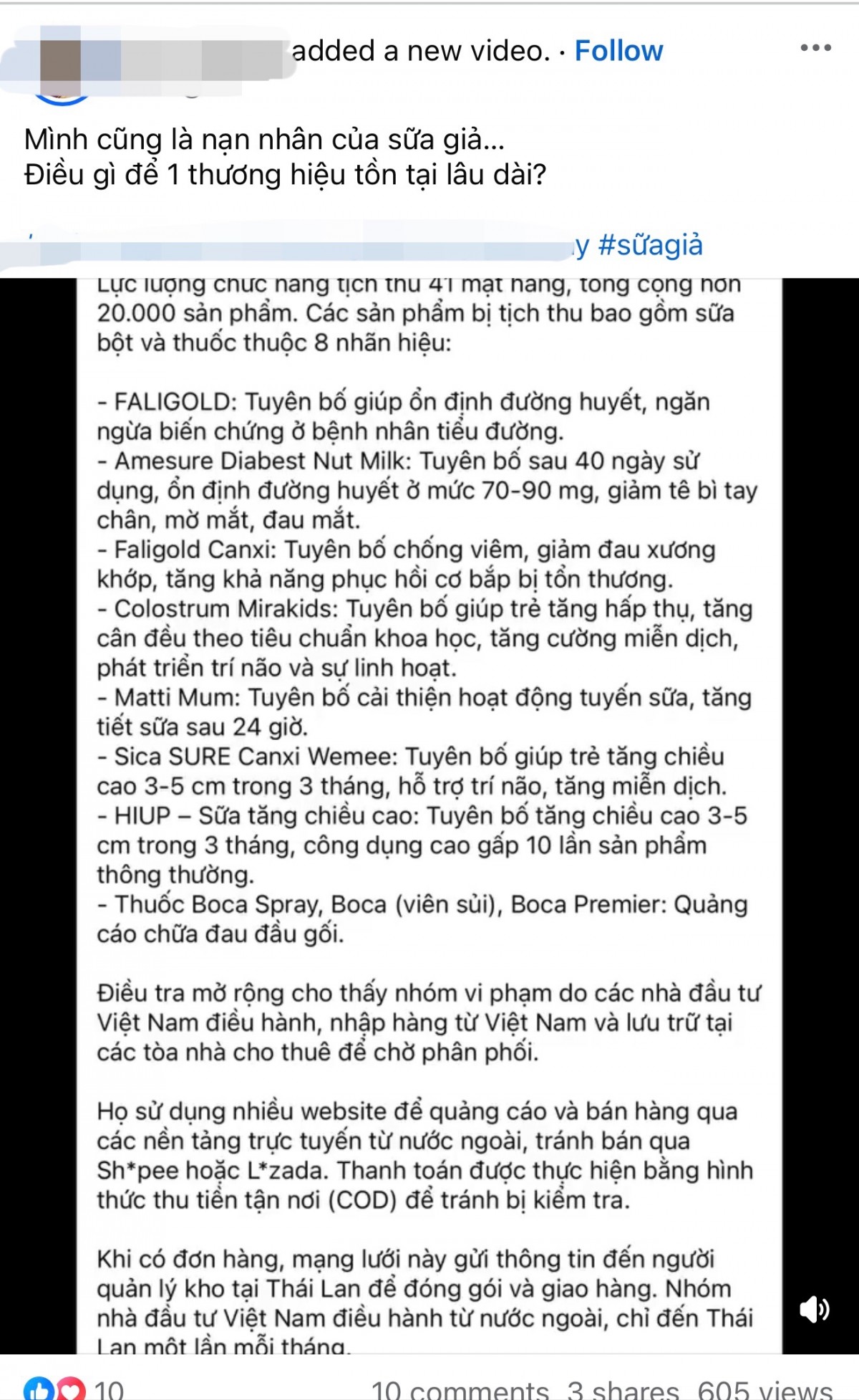 Một nạn nhân của sữa giả chia sẻ thông tin cho người dùng trên Facebook