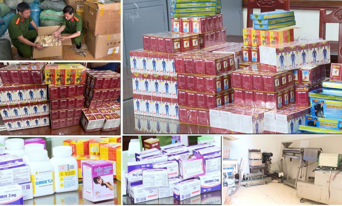 Các đối tượng sản xuất thuốc giả và tang vật bị thu giữ. Ảnh: Công an tỉnh Thanh Hoá Các đối tượng sản xuất thuốc giả và tang vật bị thu giữ. Ảnh: Công an tỉnh Thanh Hoá