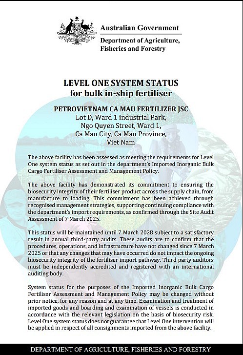 PVCFC chính thức được cấp chứng chỉ Level One - cấp độ cao nhất cho phân bón xuất khẩu vào Úc. PVCFC chính thức được cấp chứng chỉ Level One - cấp độ cao nhất cho phân bón xuất khẩu vào Úc.