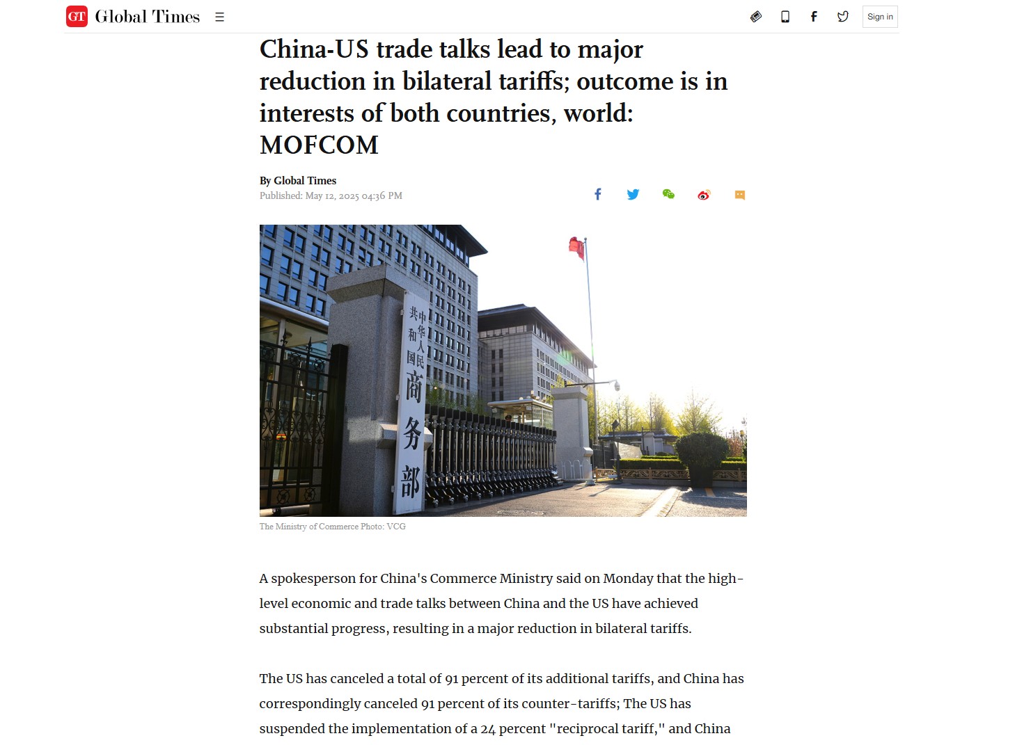 Bộ Thương mại Trung Quốc đánh giá cao kết quả đàm phán