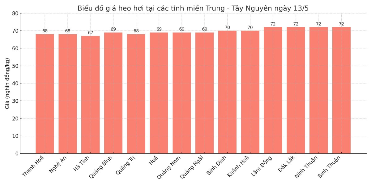 Biểu đồ giá heo hơi tại các tỉnh miền Trung - Tây Nguyên ngày 13/5. Biểu đồ giá heo hơi tại các tỉnh miền Trung - Tây Nguyên ngày 13/5.