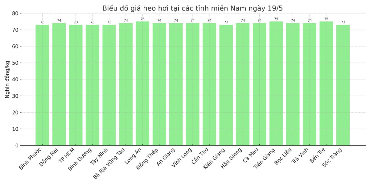 Biểu đồ giá heo hơi tại các tỉnh miền Nam ngày 19/5.