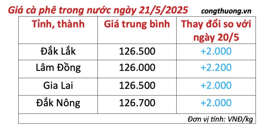 Giá cà phê hôm nay 21/5/2025, trong nước tăng cao Giá cà phê hôm nay 21/5/2025, trong nước