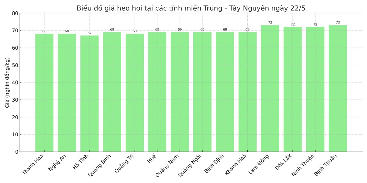 Biểu đồ giá heo hơi tại các tỉnh miền Trung - Tây Nguyên ngày 22/5. Biểu đồ giá heo hơi tại các tỉnh miền Trung - Tây Nguyên ngày 22/5.