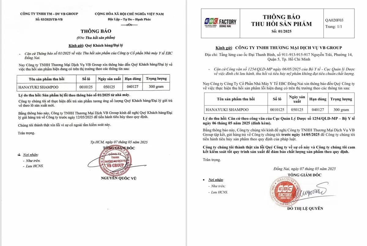 Thông báo thu hồi sản Hanayuki Shampoo do Đoàn Di Băng phát đi trên mạng xã hội. Ảnh: Facebook Đoàn Di Băng