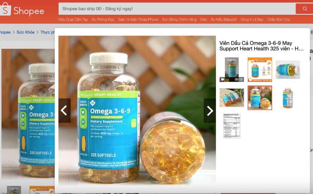 Omega 3-6-9 1600mg được quảng cáo, kinh doanh trên Shopee bị Cục An toàn thực phẩm yêu cầu gỡ bỏ - Ảnh: Chụp màn hình