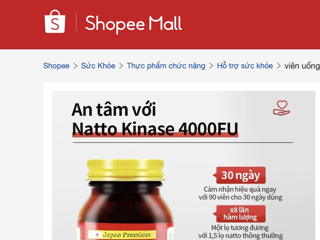 Sản phẩm Natto Kinase 4000fu được kinh doanh trên Shopee. Nguồn: Cục An toàn thực phẩm