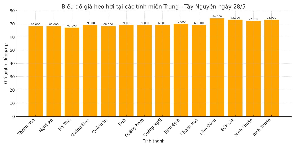 Biểu đồ giá heo hơi tại các tỉnh miền Trung - Tây Nguyên ngày 28/5. Biểu đồ giá heo hơi tại các tỉnh miền Trung - Tây Nguyên ngày 28/5.