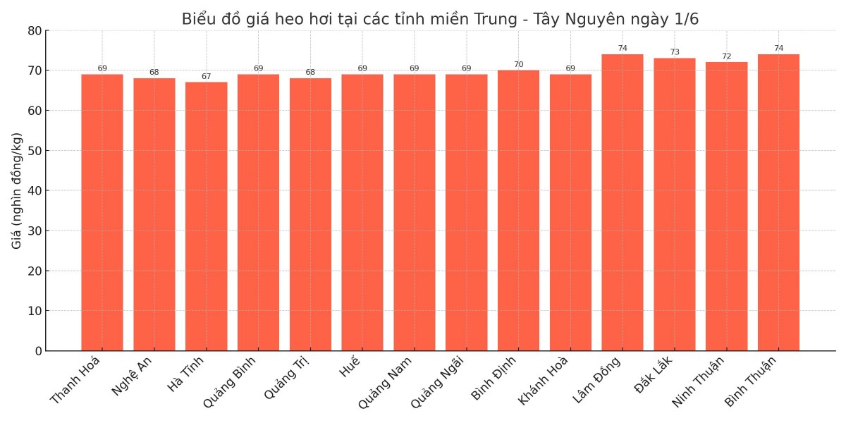 Biểu đồ giá heo hơi tại các tỉnh miền Trung - Tây Nguyên ngày 1/6.