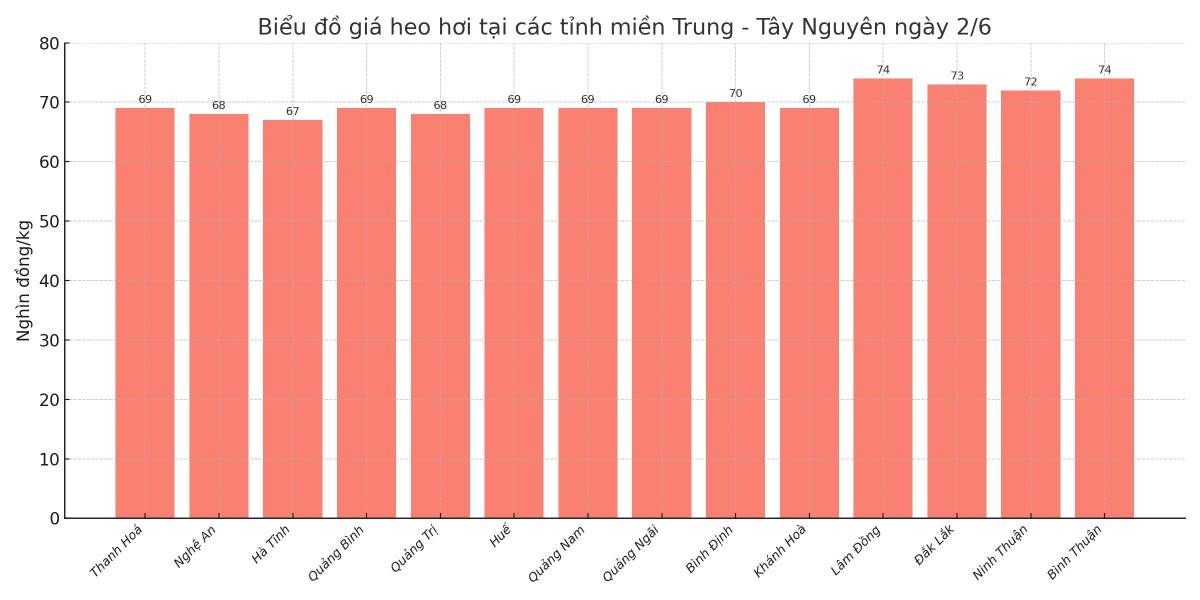 Biểu đồ giá heo hơi tại các tỉnh miền Trung - Tây Nguyên ngày 2/6.