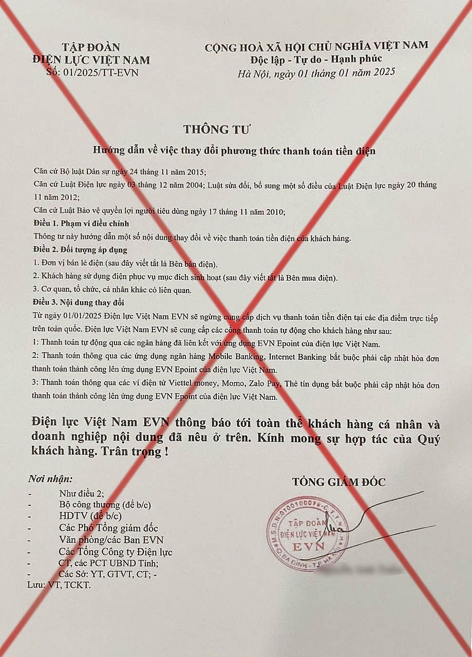 Người dân cần cảnh giác với văn bản giả mạo EVN về thu tiền điện