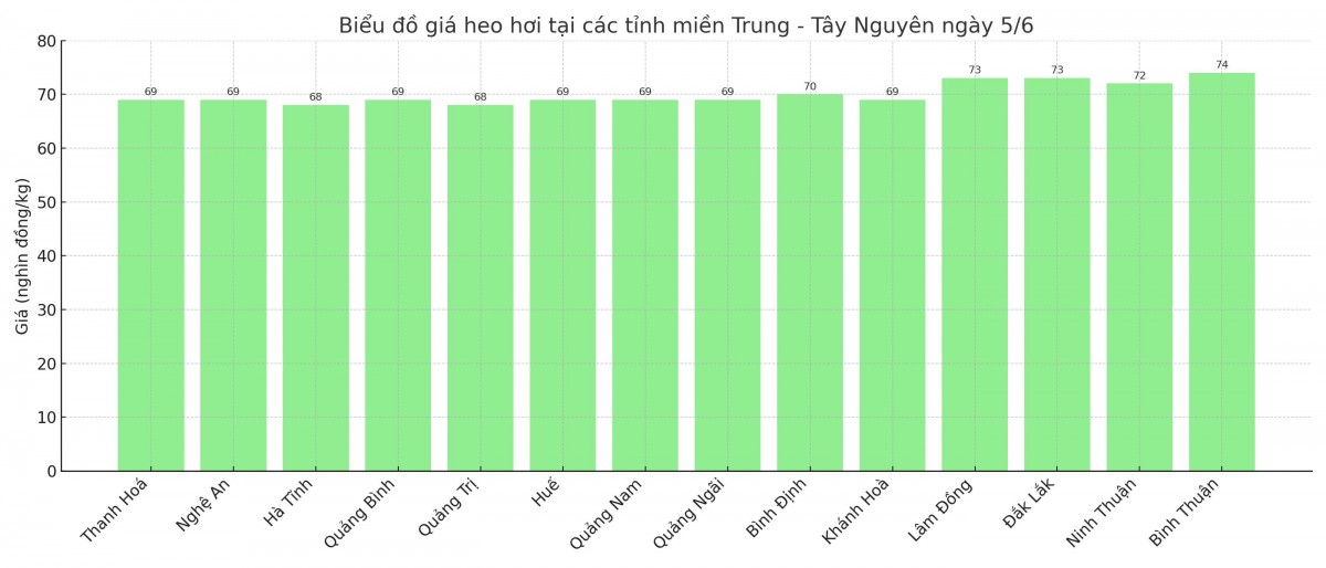Biểu đồ giá heo hơi tại các tỉnh miền Trung - Tây Nguyên ngày 5/6. Biểu đồ giá heo hơi tại các tỉnh miền Trung - Tây Nguyên ngày 5/6.