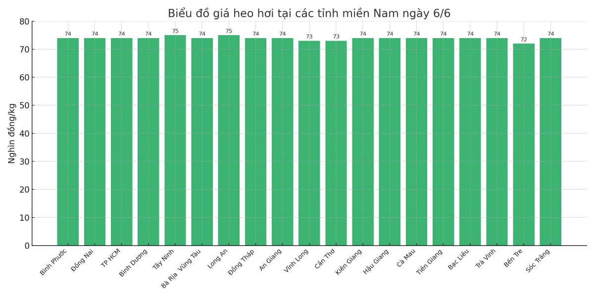 Biểu đồ giá heo hơi tại các tỉnh miền Nam ngày 6/6. Biểu đồ giá heo hơi tại các tỉnh miền Nam ngày 6/6.