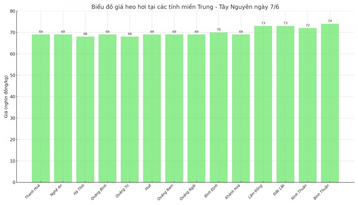 Biểu đồ giá heo hơi tại các tỉnh miền Trung - Tây Nguyên ngày 7/6.