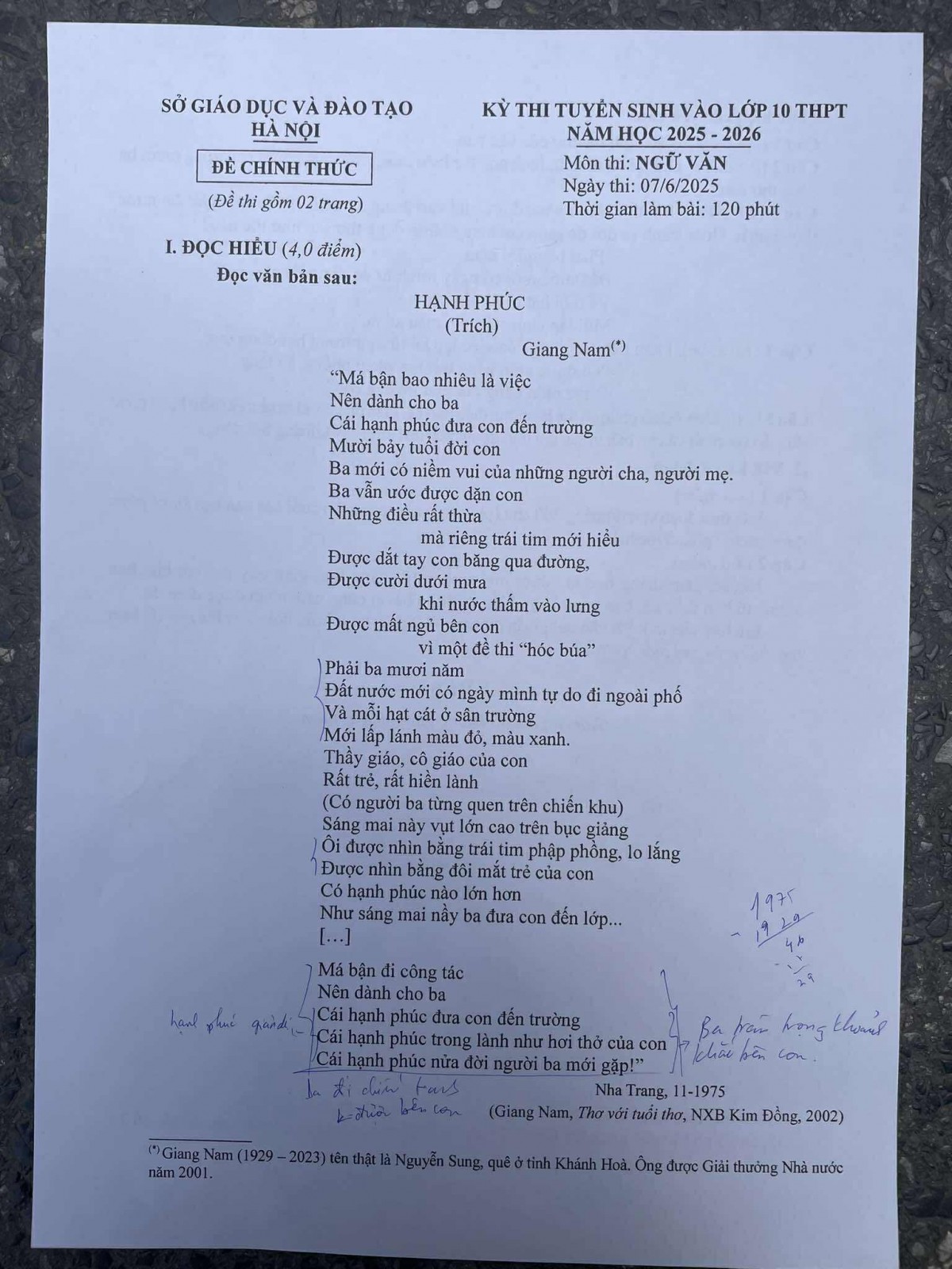 Đề thi, đáp án môn Văn lớp 10 Hà Nội