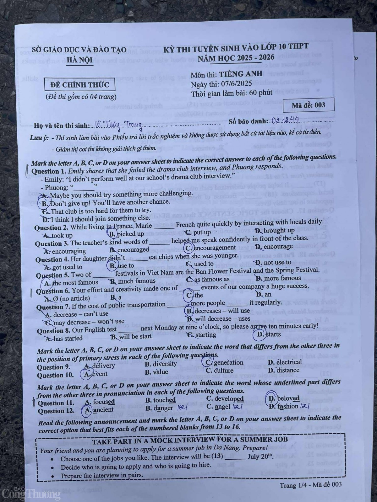 Đề thi, đáp án môn Tiếng Anh lớp 10 Hà Nội
