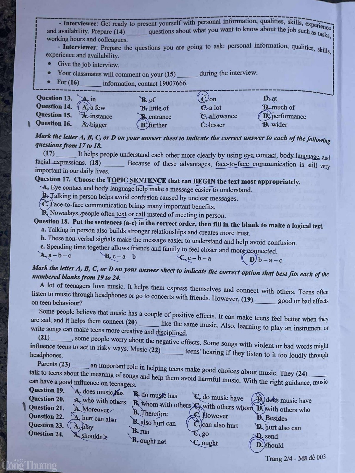 Đề thi, đáp án môn Tiếng Anh lớp 10 Hà Nội