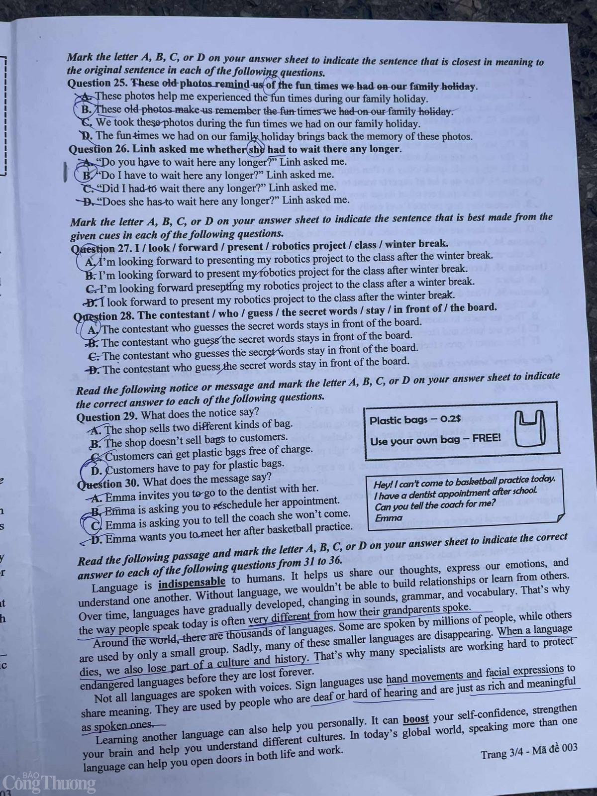 Đề thi, đáp án môn Tiếng Anh lớp 10 Hà Nội