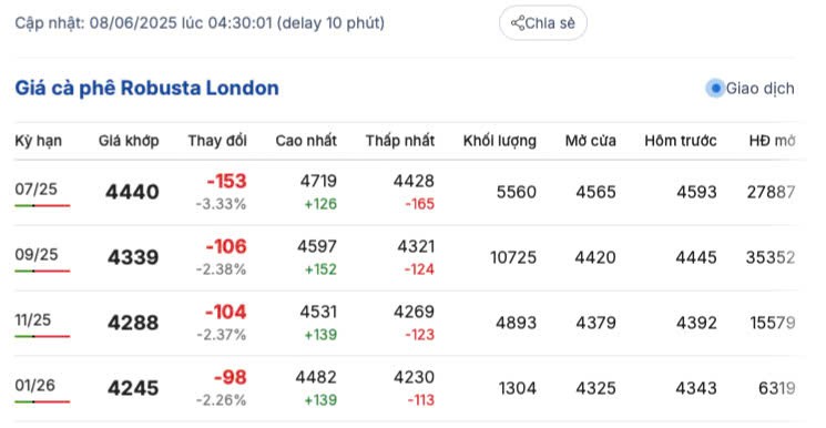 Giá cà phê hôm nay 8/6/2025, trong nước