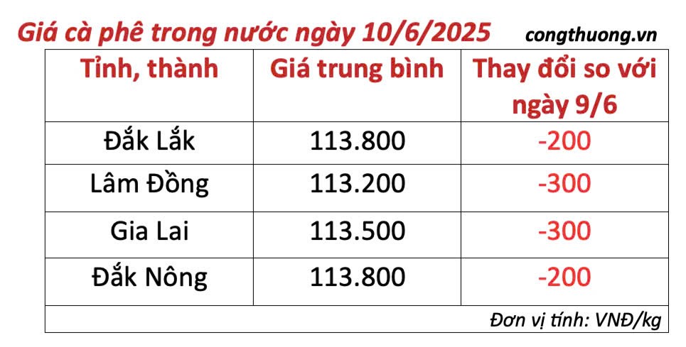 Giá cà phê hôm nay 10/6/2025, trong nước