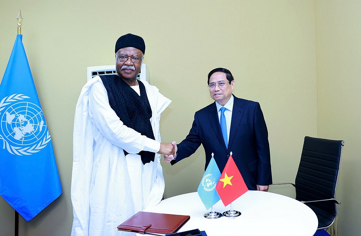 Thủ tướng Chính phủ Phạm Minh Chính có cuộc gặp với Chủ tịch Đại hội đồng Liên Hợp Quốc Philemon Yang - Ảnh: VGP/Nhật Bắc