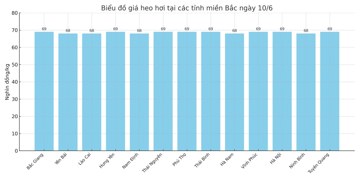 Biểu đồ giá heo hơi tại các tỉnh miền Bắc ngày 10/6.