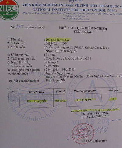 Hàm lượng sắt 4,8 mg/100g miến Cự Đà vượt quá nhiều lần tiêu chuẩn cho phép