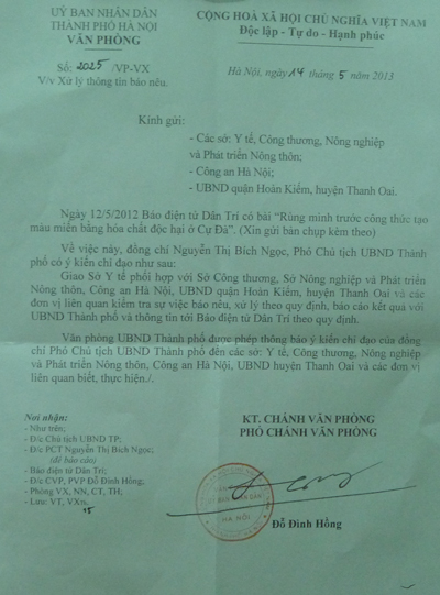 Văn bản truyền đạt ý kiến chỉ đạo của lãnh đạo UBND TP. Hà Nội