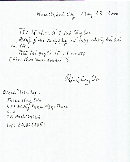 Giấy Trịnh ký nhận tác quyền và cho phép Khánh Ly biểu diễn nhạc phẩm của ông.