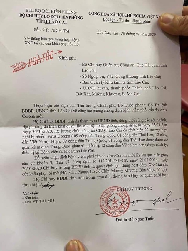 Virus Corona: Biên phòng Lào Cai tạm dừng hoạt động xuất nhập cảnh ở các cửa khẩu phụ, lối mở virus corona bien phong lao cai tam dung hoat dong xuat nhap canh o cac cua khau phu loi mo