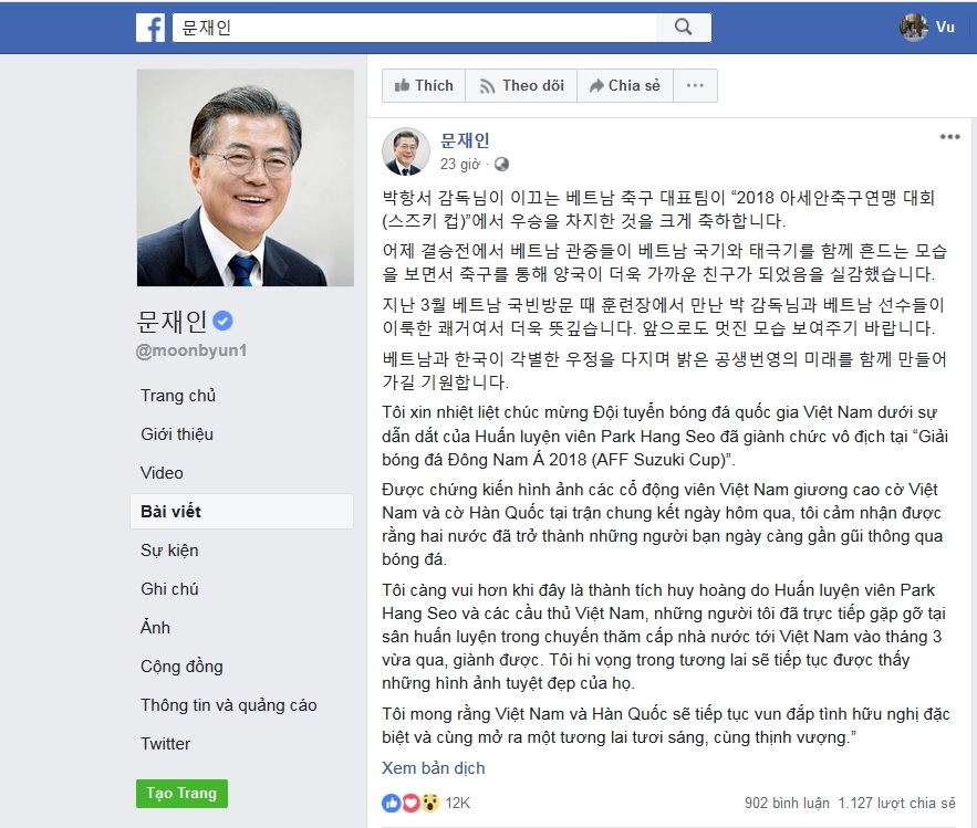 tong thong han quoc chuc mung doi tuyen bong da viet nam va hlv park hang seo