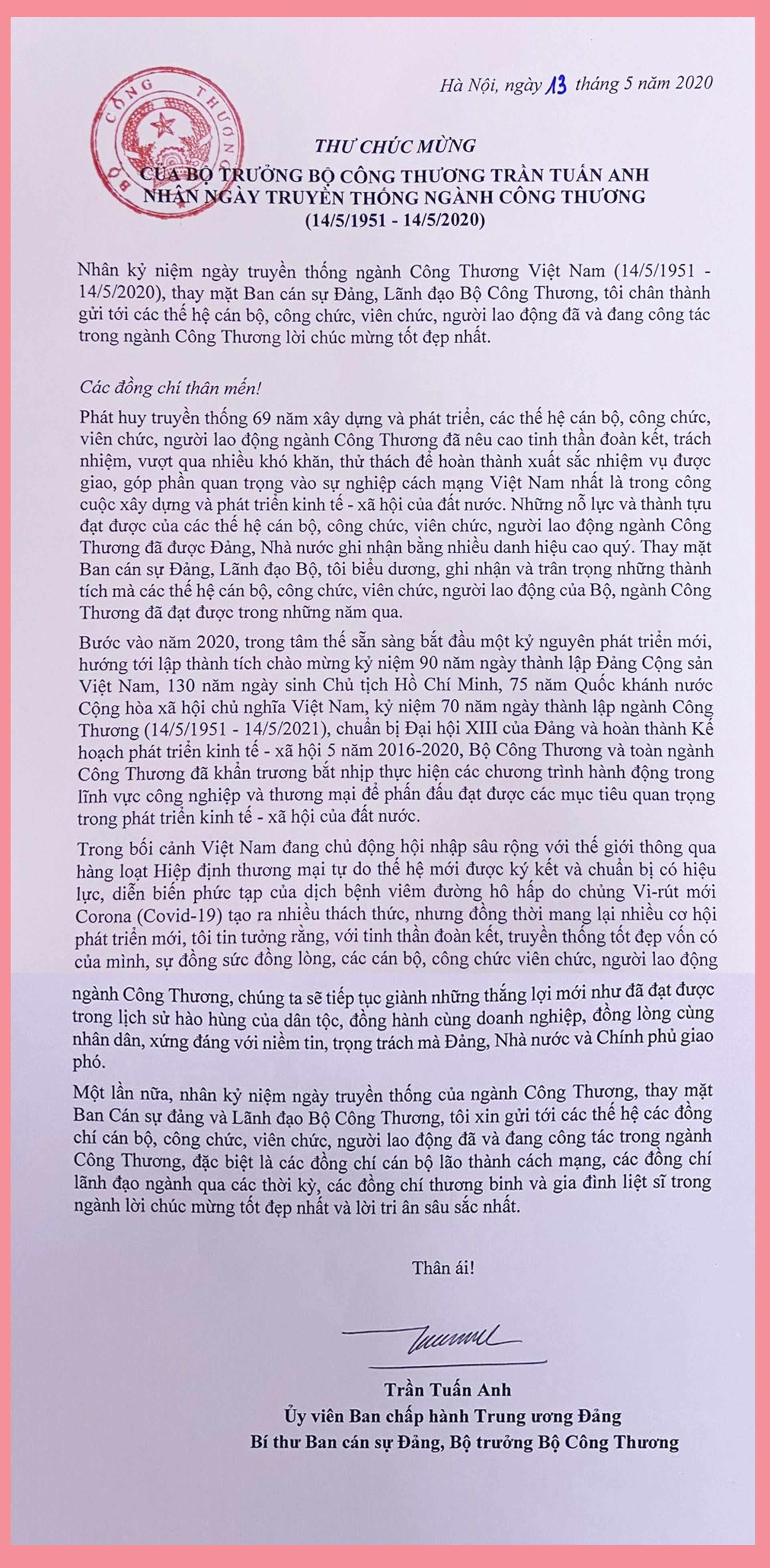 Bộ trưởng Trần Tuấn Anh gửi thư chúc mừng nhân Ngày truyền thống ngành Công Thương bo truong tran tuan anh gui thu chuc mung nhan ngay truyen thong nganh cong thuong 137305