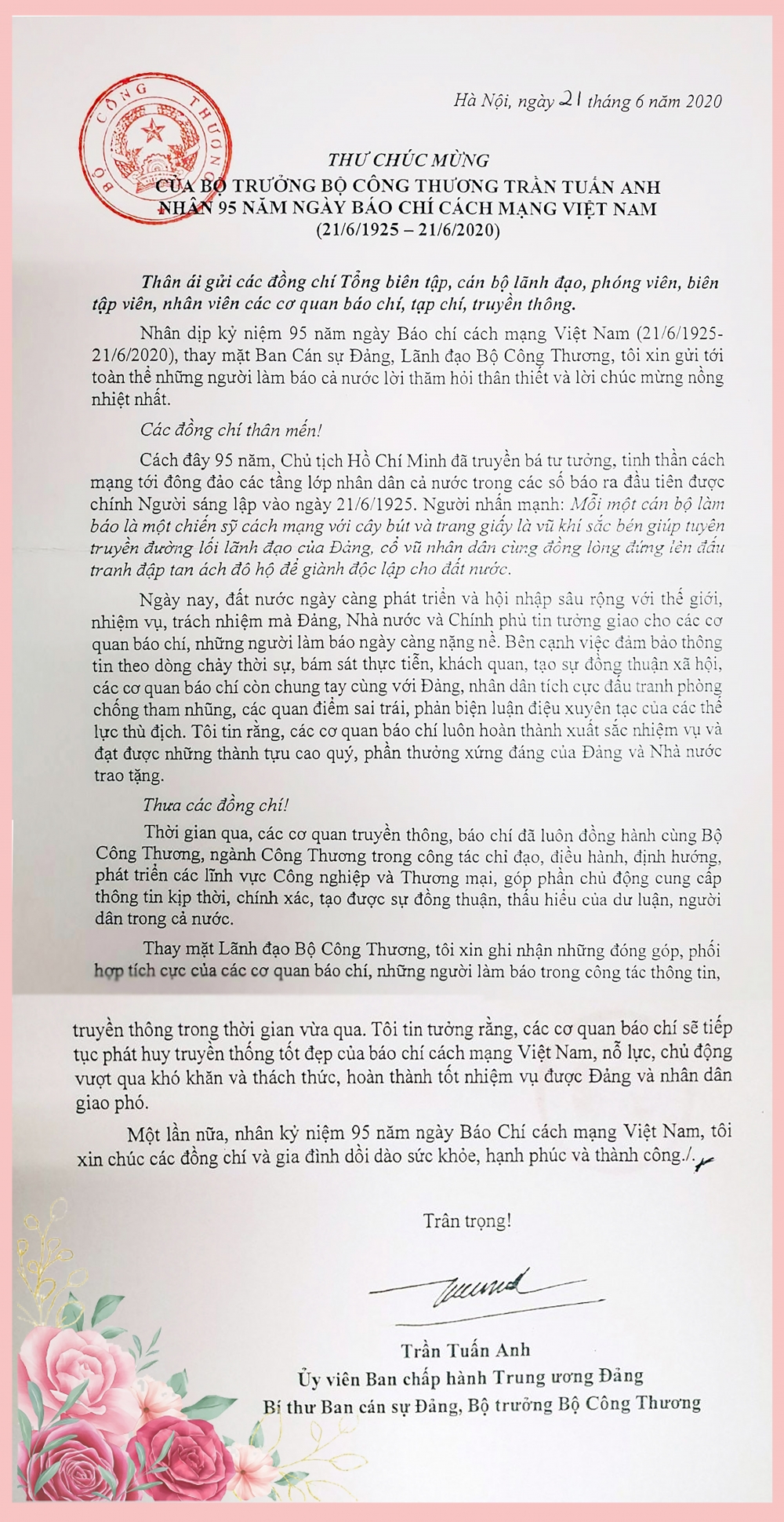 bo truong tran tuan anh gui thu chuc mung cac nha bao nhan ngay bao chi cach mang viet nam