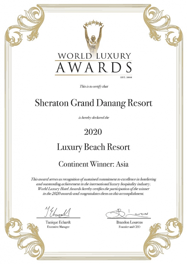 Khu Nghỉ Dưỡng Sheraton Grand Đà Nẵng nhận giải thưởng World Luxury Hotel Awards 2020
