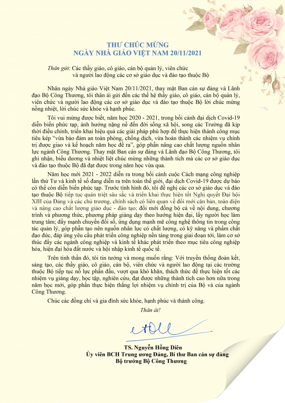 Bộ trưởng Nguyễn Hồng Diên gửi thư chúc mừng Ngày Nhà giáo Việt Nam 20/11 Bộ trưởng Nguyễn Hồng Diên gửi thư chúc mừng Ngày Nhà giáo Việt Nam 20/11