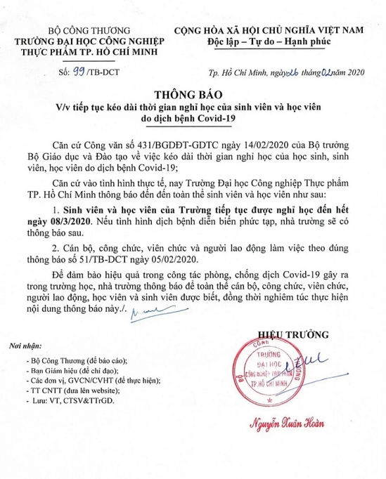 Hai trường đại học thuộc Bộ Công Thương kéo dài thời gian nghỉ học thêm 1 tuần hai truong dai hoc thuoc bo cong thuong keo dai thoi gian ghi hoc cho sinh vien them 1 tuan