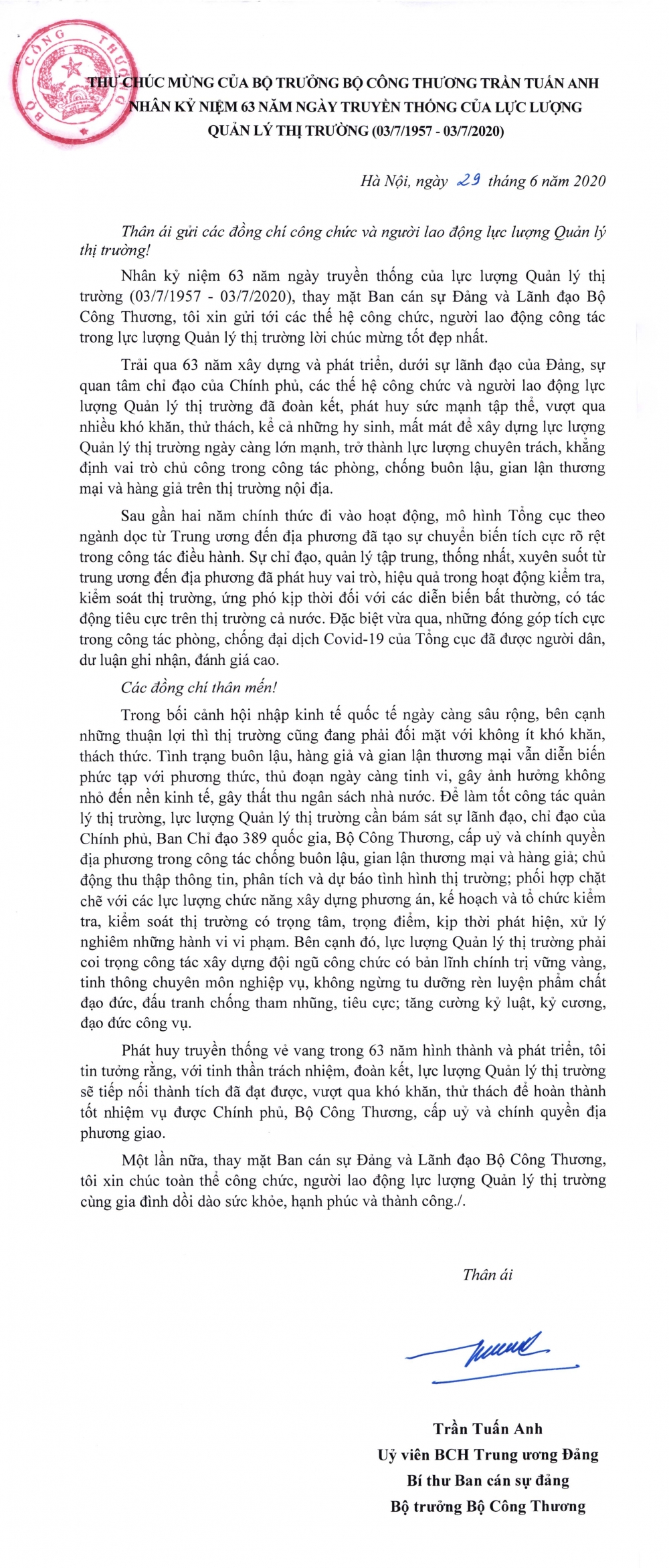 Bộ trưởng Trần Tuấn Anh gửi thư chúc mừng Ngày truyền thống lực lượng QLTT bo truong tran tuan anh gui thu chuc mung ngay truyen thong luc luong qltt