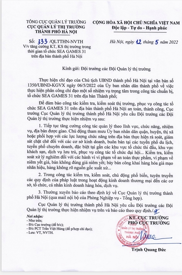 QLTT Hà Nội: Tăng cường kiểm tra, kiểm soát dịp SEA Games 31