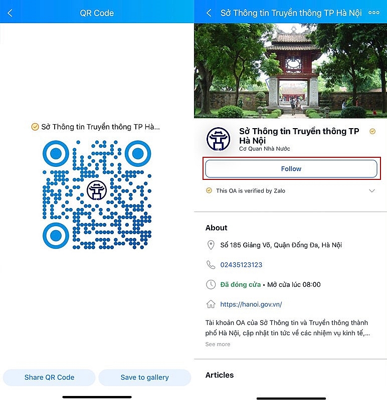 Quét mã QR Code và bấm “Quan tâm” để truy cập vào tài khoản Zalo “Sở Thông tin Truyền thông TP Hà Nội” Quét mã QR Code và bấm “Quan tâm” để truy cập vào tài khoản Zalo “Sở Thông tin Truyền thông TP Hà Nội”