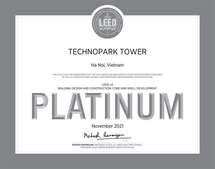 TechnoPark Tower đạt chứng chỉ Công trình Xanh LEED LEED Platinum TechnoPark Tower đạt chứng chỉ Công trình Xanh LEED LEED Platinum