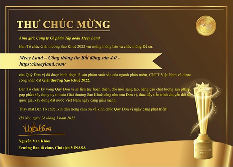 Meey Land nhận Giải thưởng Sao Khuê 2022 Meey Land nhận Giải thưởng Sao Khuê 2022