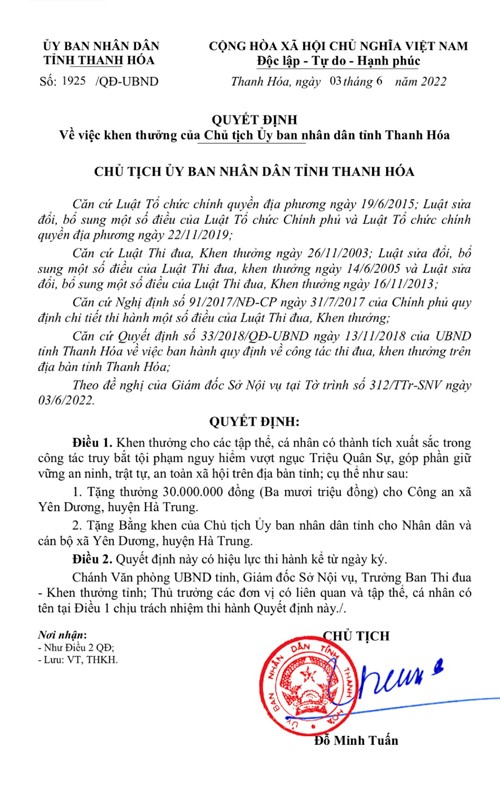 Thanh Hóa khen thưởng tập thể, cá nhân truy bắt tội phạm vượt ngục Triệu Quân Sự