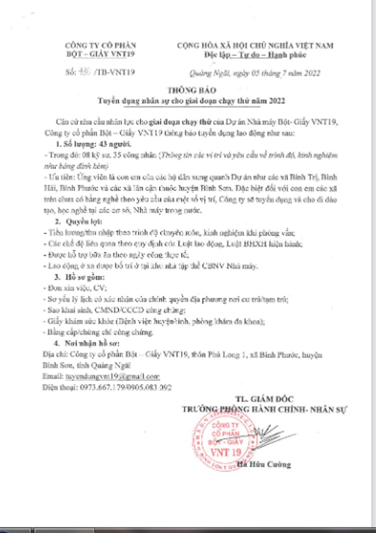 Nhà máy Bột – Giấy VNT 19 ưu tiên tuyển dụng con em của các hộ dân xung quanh dự án