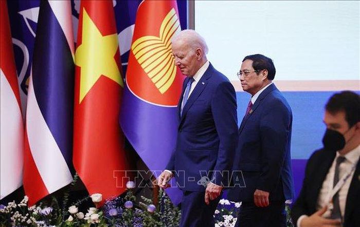 Thủ tướng Phạm Minh Chính và Tổng thống Mỹ Joe Biden tại Hội nghị Cấp cao ASEAN - Mỹ lần thứ 10. Ảnh: TTXVN